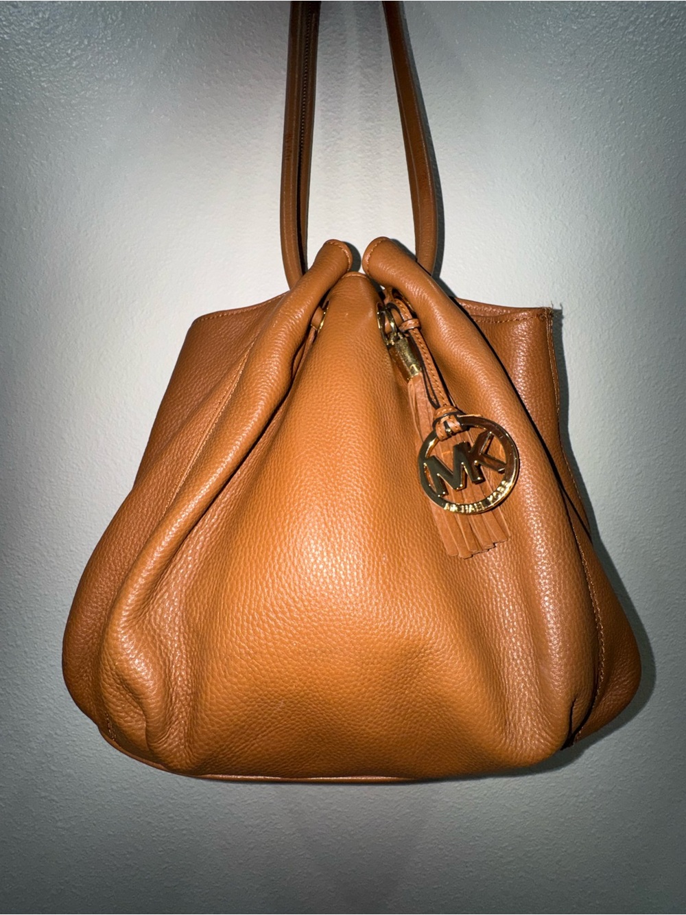 Michael Kors Cognac Pebbled Leather Shoulder Bag with MK Charm